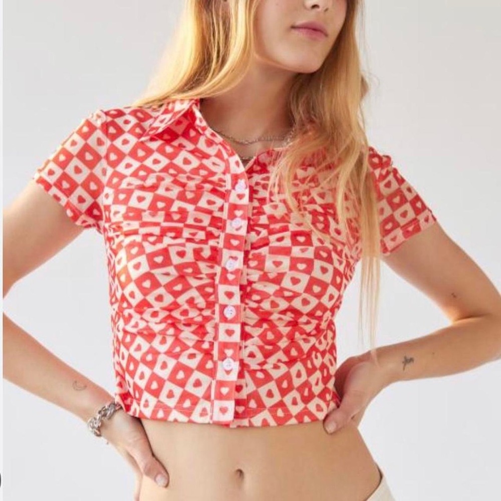Urban Outfitters button up blouse with checkered heart pattern